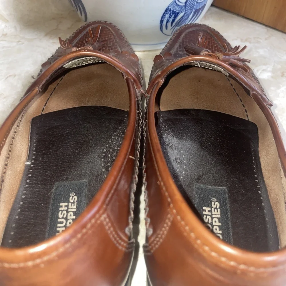 Hush Puppies Mens 10W San Remo Leather Loafers Shoes w/  Tassel Weave Brown‎